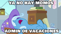 Size: 1280x720 | Tagged: safe, edit, edited screencap, imported from derpibooru, screencap, trixie, pony, unicorn, a horse shoe-in, clothes, hat, meme, nose in the air, open mouth, sleeping, solo, spanish, text, trixie's hat