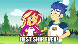Size: 1280x720 | Tagged: safe, edit, edited screencap, imported from derpibooru, screencap, flash sentry, sunset shimmer, equestria girls, legend of everfree, best ship, caption, female, flashimmer, image macro, male, shipping, straight, text