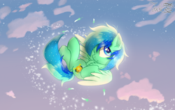 Size: 2000x1264 | Tagged: source needed, useless source url, safe, artist:jadebreeze115, imported from derpibooru, oc, oc only, oc:jade breeze, pegasus, pony, blue eyes, blue hair, chest fluff, cloud, colored wings, cute, digital art, ear fluff, expressionless face, falling, feather, flying, glowing orb, gradient wings, hooves to the chest, legs, legs in air, looking away, male, multicolored hair, pegasus oc, shading, solo, sparkles, stallion, starry sky, sunset, tail, wings