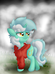 Size: 3024x4032 | Tagged: safe, artist:background basset, imported from derpibooru, lyra heartstrings, pony, unicorn, clothes, dig the swell hoodie, female, grass, hoodie, mare, mist, sad, solo