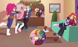 Size: 1815x1100 | Tagged: safe, alternate version, artist:carnifex, imported from derpibooru, applejack, fluttershy, pinkie pie, rainbow dash, rarity, sci-twi, sunset shimmer, twilight sparkle, human, equestria girls, apron, blushing, bow, bunny slippers, christmas sweater, clothes, commission, cookie, cuddling, eyes closed, female, flutterdash, food, glasses off, hair bow, hair bun, holiday, hoodie, kiss on the lips, kissing, lesbian, mistletoe, necktie, now kiss, rarijack, scitwishimmer, shipper on deck, shipping, skirt, slippers, socks, stocking feet, sunsetsparkle, sweater, winter