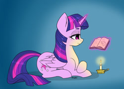 Size: 1250x900 | Tagged: safe, artist:hrukii, artist:navokin, imported from derpibooru, twilight sparkle, alicorn, dog, book, candle, glowing horn, horn, reading, solo, twilight sparkle (alicorn)