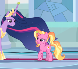 Size: 956x843 | Tagged: safe, edit, edited edit, edited screencap, editor:i-shooped-a-pwny, imported from derpibooru, screencap, luster dawn, twilight sparkle, alicorn, pony, unicorn, derpibooru, the last problem, confused, cropped, crown, duo, duo female, ethereal mane, faic, female, hoof shoes, horn, horn cap, indoors, jewelry, juxtaposition, mare, meme, meta, not salmon, older, older twilight, princess twilight 2.0, problem, regalia, smiling, starry mane, teeth, tennis ball, twilight sparkle (alicorn), wat