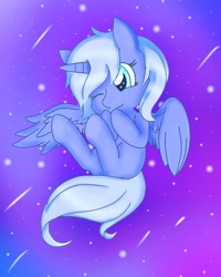 Size: 675x844 | Tagged: safe, artist:aleuoliver, imported from derpibooru, princess luna, alicorn, pony, female, flying, horn, mare, night, one eye closed, s1 luna, solo, stars, wings, wink