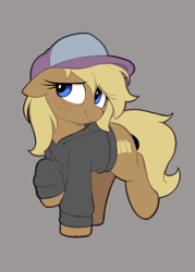 Size: 1116x1560 | Tagged: safe, artist:shinodage, oc, oc only, oc:hay bale, earth pony, pony, cap, clothes, drawthread, ear down, freckles, gray background, hat, hoodie, simple background, solo