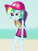 Size: 135x179 | Tagged: safe, imported from derpibooru, screencap, rainbow dash, aww... baby turtles, equestria girls, equestria girls series, beach, cap, clothes, cropped, female, hat, picture for breezies, standing, swimsuit