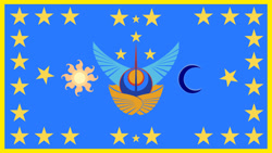 Size: 1280x720 | Tagged: safe, imported from derpibooru, princess celestia, princess luna, emblem, equestrian flag, flag, greater equestria, moon, stars, sun