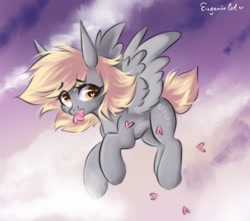 Size: 1350x1193 | Tagged: safe, artist:hydrargyrum, imported from derpibooru, derpy hooves, pegasus, pony, cute, derpabetes, female, flying, heart, looking at you, mare, mouth hold, solo, spread wings, wings