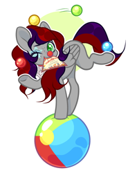 Size: 2000x2700 | Tagged: safe, imported from derpibooru, oc, oc only, oc:evening prose, pegasus, pony, ball, clown, clown makeup, clown nose, female, freckles, juggling, mare, red nose, simple background, solo, white background