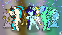 Size: 497x280 | Tagged: safe, artist:aquabright0219, imported from derpibooru, oc, oc only, oc:aqua bright, oc:jade breeze, oc:phoenix feather, pegasus, pony, unicorn, abstract background, bipedal, colored hooves, dancing, female, horn, jewelry, mare, necklace, pegasus oc, unicorn oc, wings