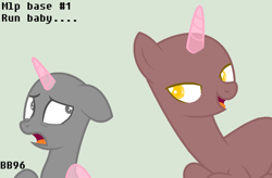 Size: 1024x672 | Tagged: safe, artist:bonbon9696, imported from derpibooru, oc, oc only, alicorn, pony, alicorn oc, bald, base, bust, duo, gray background, horn, open mouth, scared, simple background, wings