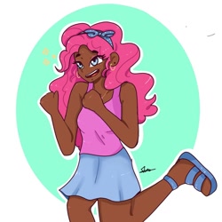 Size: 1080x1080 | Tagged: safe, artist:_denart, artist:rapunzelights, imported from derpibooru, pinkie pie, human, abstract background, clothes, dark skin, humanized, open mouth, sandals, skirt, smiling, solo