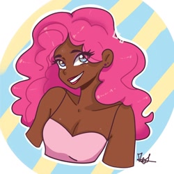 Size: 1080x1080 | Tagged: safe, artist:_denart, artist:rapunzelights, imported from derpibooru, pinkie pie, human, abstract background, breasts, bust, cleavage, clothes, dark skin, grin, humanized, signature, smiling, solo