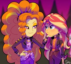 Size: 2378x2134 | Tagged: artist needed, source needed, safe, artist:salty, imported from derpibooru, adagio dazzle, sunset shimmer, equestria girls, equestria girls series, rainbow rocks, sunset's backstage pass!, spoiler:eqg series (season 2), duo, female, geode of empathy, hand on chin, lesbian, magical geodes, music festival outfit, shipping, smiling, smirk, sunsagio, sunset shimmer is not amused, unamused