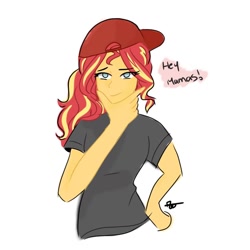 Size: 1080x1080 | Tagged: safe, artist:_denart, artist:rapunzelights, imported from derpibooru, sunset shimmer, equestria girls, backwards ballcap, baseball cap, bust, cap, clothes, female, hat, signature, simple background, solo, talking, thinking, white background