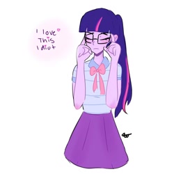 Size: 1080x1080 | Tagged: safe, artist:_denart, artist:rapunzelights, imported from derpibooru, sci-twi, twilight sparkle, equestria girls, bust, clothes, eyes closed, female, glasses, signature, simple background, solo, talking, white background