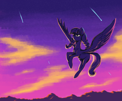 Size: 3000x2500 | Tagged: safe, artist:t72b, imported from derpibooru, inky rose, pegasus, pony, braided pigtails, cloud, flying, missing accessory, mountain, mountain range, shooting star, sky, solo, stars, sunset