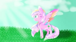 Size: 1200x674 | Tagged: safe, artist:aleuoliver, artist:aleurajan, imported from derpibooru, oc, oc only, alicorn, pony, alicorn oc, cloud, grass, horn, outdoors, smiling, solo, wings