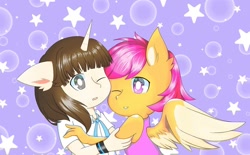 Size: 1080x670 | Tagged: safe, artist:aleuoliver, artist:aleurajan, imported from derpibooru, scootaloo, oc, anthro, pegasus, unicorn, abstract background, bracelet, bust, clothes, female, horn, hug, jewelry, smiling, stars, unicorn oc, wnk