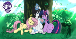 Size: 4888x2548 | Tagged: safe, artist:darkstorm mlp, imported from derpibooru, fluttershy, twilight sparkle, oc, oc:wishing star, pegasus, pony, unicorn, comic:friendship reborn, anime style, apple, background, book, eyes closed, falling leaves, female, food, glowing horn, horn, leaves, magic, magic aura, male, my little pony logo, reading, sitting, trio, unicorn oc, unicorn twilight