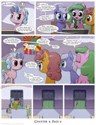 Size: 1200x1552 | Tagged: safe, artist:deusexequus, imported from derpibooru, cozy glow, oc, oc:floccus, pegasus, pony, comic:fix, bell, classroom, comic, eavesdropping, female, filly, implied daring do, lockers, speech bubble