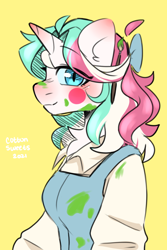 Size: 1000x1500 | Tagged: safe, artist:cottonsweets, imported from derpibooru, oc, oc only, oc:cottonsweets, anthro, cat, cat pony, original species, pony, unicorn, alternate hairstyle, bow, different hairstyle, paint, paintbrush, solo