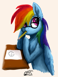 Size: 1536x2048 | Tagged: safe, artist:raphaeldavid, imported from derpibooru, rainbow dash, pegasus, pony, drawing, egghead, egghead dash, first you draw a circle, glasses, pencil, pencil in mouth, simple background, sketch, solo, thinking, white background