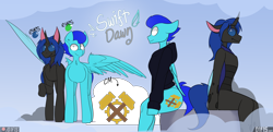 Size: 6200x3000 | Tagged: safe, artist:difis, imported from derpibooru, oc, oc only, oc:swift dawn, changeling, pegasus, pony, semi-anthro, blue changeling, blue eyes, changeling oc, commission, cutie mark, disguise, disguised changeling, eyebrows, eyebrows visible through hair, fangs, green eyes, high res, horn, looking at you, male, pegasus oc, reference sheet, simple background, smiling, smiling at you, solo, spread wings, wings