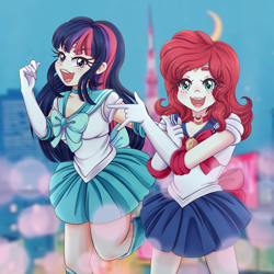 Size: 2700x2700 | Tagged: safe, artist:lucy-tan, imported from derpibooru, pinkie pie, twilight sparkle, human, clothes, commission, cosplay, costume, duo, duo female, female, humanized, magical girl, sailor moon