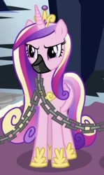 Size: 314x526 | Tagged: safe, imported from derpibooru, screencap, princess cadance, pony, the beginning of the end, chains, cropped, gag, muzzle gag, solo