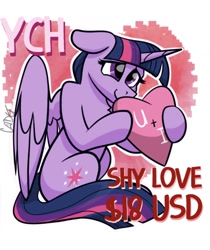 Size: 968x1152 | Tagged: safe, artist:cadetredshirt, imported from derpibooru, twilight sparkle, alicorn, pony, commission, holiday, shy, sitting, solo, twilight sparkle (alicorn), valentine, valentine's day, ych example, ych result, your character here