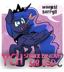 Size: 637x720 | Tagged: safe, artist:cadetredshirt, imported from derpibooru, princess luna, alicorn, pony, accident, adorable face, adorkable, arrow, commission, cute, dork, heart eyes, holiday, love, lunabetes, missing accessory, offscreen character, solo, suction cup, valentine, valentine's day, wingding eyes, ych example, your character here