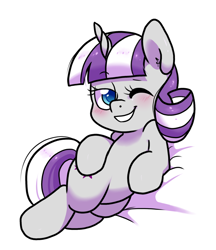 Size: 906x1050 | Tagged: safe, artist:paperbagpony, imported from derpibooru, twilight velvet, pony, unicorn, blushing, cute, eyelashes, female, grin, horn, lying down, mare, one eye closed, simple background, smiling, solo, velvetbetes, white background, wink