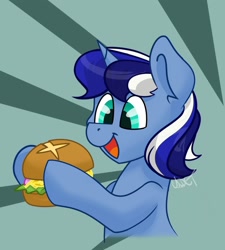 Size: 1350x1500 | Tagged: safe, artist:cadetredshirt, imported from derpibooru, oc, oc only, oc:severith, pony, unicorn, blue coat, blue eyes, blue hair, burger, commission, food, hay burger, meal, multicolored hair, simple background, smiling, solo, ych example, ych result, your character here