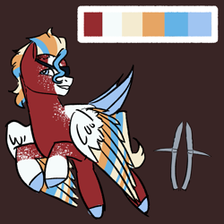 Size: 1063x1063 | Tagged: safe, artist:lieutenantcactus, imported from derpibooru, oc, oc only, oc:spear shaft, pegasus, pony, color palette, colored hooves, colored wings, eyepatch, freckles, magical gay spawn, multicolored wings, offspring, parent:flash magnus, parent:rockhoof, parents:rockmagnus, solo, tail feathers, wings