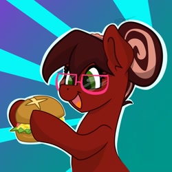 Size: 1500x1500 | Tagged: safe, artist:cadetredshirt, imported from derpibooru, oc, oc only, oc:cadetpone, earth pony, pony, burger, commission, food, glasses, hair bun, happy, hay burger, smiling, solo, ych example, ych result, your character here