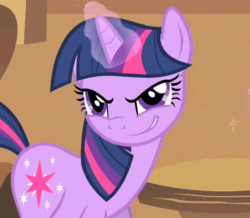 Size: 592x516 | Tagged: safe, imported from derpibooru, screencap, twilight sparkle, pony, unicorn, a bird in the hoof, season 1, >:), evil grin, female, gif, glowing horn, grin, horn, magic, mare, non-animated gif, ominous, pure unfiltered evil, rapeface, smiling, smirk, solo, unicorn twilight