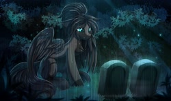 Size: 2612x1535 | Tagged: safe, artist:ask-colorsound, imported from derpibooru, oc, oc only, oc:rhea, pegasus, pony, crying, depressing, gravestone, rain, sad, solo, tears of pain, this will end in tears