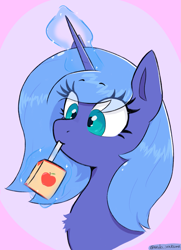 Size: 2045x2832 | Tagged: safe, artist:endo, imported from derpibooru, princess luna, pony, unicorn, bust, chest fluff, cute, drink, drinking, female, fluffy, happy, juice, juice box, lunabetes, magic, portrait, s1 luna, simple background, solo