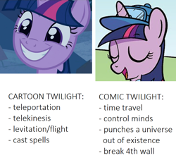 Size: 956x894 | Tagged: safe, artist:kate sherron, edit, edited screencap, idw, imported from derpibooru, screencap, twilight sparkle, alicorn, pony, unicorn, a canterlot wedding, spoiler:comic, spoiler:comic83, comparison, cropped, female, happy, jockey suit, mare, missing cutie mark, smiling, solo, twilight sparkle (alicorn), unicorn twilight