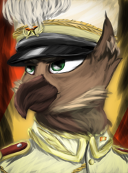 Size: 724x974 | Tagged: safe, artist:tekggd, imported from derpibooru, oc, oc only, oc:alexander kemerskai, griffon, equestria at war mod, beak, bust, clothes, flag, griffon oc, hat, portrait, solo, uniform