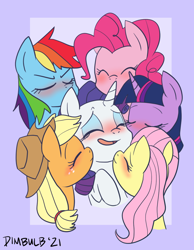 Size: 918x1185 | Tagged: safe, artist:dimbulb, imported from derpibooru, applejack, fluttershy, pinkie pie, rainbow dash, rarity, twilight sparkle, alicorn, earth pony, pegasus, pony, unicorn, blushing, female, flarity, kissing, lesbian, mane six, omniship, polyamory, raridash, rarijack, rarilight, raripie, rarity gets all the mares, shipping, twilight sparkle (alicorn)