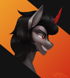 Size: 4000x4472 | Tagged: safe, artist:dashid, imported from derpibooru, king sombra, pony, unicorn, bust, grin, head, lidded eyes, smiling, solo