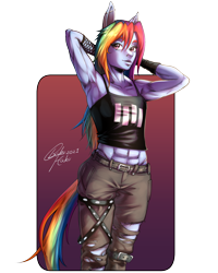 Size: 1200x1500 | Tagged: safe, artist:bakuhaku, imported from derpibooru, rainbow dash, anthro, abs, armpits, biceps, black flag, buff, clothes, delicious flat chest, female, fishnets, industrial piercing, lip piercing, midriff, muscles, muscular female, nose piercing, nose ring, panties, pants, piercing, punk, rainbow flat, rainbuff dash, ripped pants, short shirt, stupid sexy rainbow dash, tanktop, thong, torn clothes, underwear