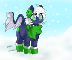 Size: 2449x2033 | Tagged: safe, artist:melpone, imported from derpibooru, oc, oc only, oc:lilith (dollpone), earth pony, pony, clothes, earmuffs, female, mare, scarf, snow, socks, solo, tongue out