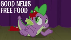 Size: 1920x1080 | Tagged: safe, edit, edited screencap, editor:quoterific, imported from derpibooru, screencap, spike, dragon, horse play, food, male, on stomach, prone, solo, teeth, tomato