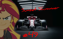 Size: 1355x847 | Tagged: safe, imported from derpibooru, sunset shimmer, human, equestria girls, #49, alfa romeo, car, evil, f1 car, female, formula 1, number, racecar, smiling, solo