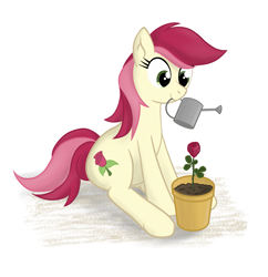 Size: 1485x1535 | Tagged: safe, artist:eels, imported from derpibooru, roseluck, earth pony, pony, female, flower, flower pot, mare, mouth hold, rose, simple background, sitting, solo, watering can, white background