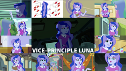 Size: 1968x1108 | Tagged: safe, edit, edited screencap, editor:quoterific, imported from derpibooru, screencap, princess celestia, princess luna, sunset shimmer, human, a banner day, equestria girls, equestria girls (movie), friendship games, legend of everfree, photo finished, rainbow rocks, brooch, clipboard, clothes, cutie mark, cutie mark accessory, cutie mark brooch, cutie mark on clothes, duo, duo female, female, hat, jewelry, microphone, misspelling, open mouth, principal celestia, solo, thinking, vice principal luna