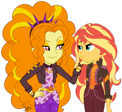 Size: 2378x2192 | Tagged: safe, artist:salty, imported from derpibooru, adagio dazzle, sunset shimmer, equestria girls, equestria girls series, rainbow rocks, sunset's backstage pass!, spoiler:eqg series (season 2), base used, duo, female, geode of empathy, hand on chin, lesbian, magical geodes, music festival outfit, ship, shipping, simple background, smiling, smirk, sunsagio, sunset shimmer is not amused, transparent background, unamused